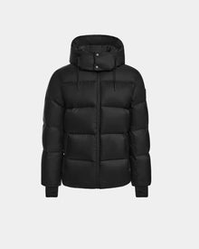 The Rudsak DANIEL M - M124510 Black mens hooded down puffer jacket features a front zipper, snap collar, and two side pockets—ideal as winter outerwear. Shown on a plain white background.