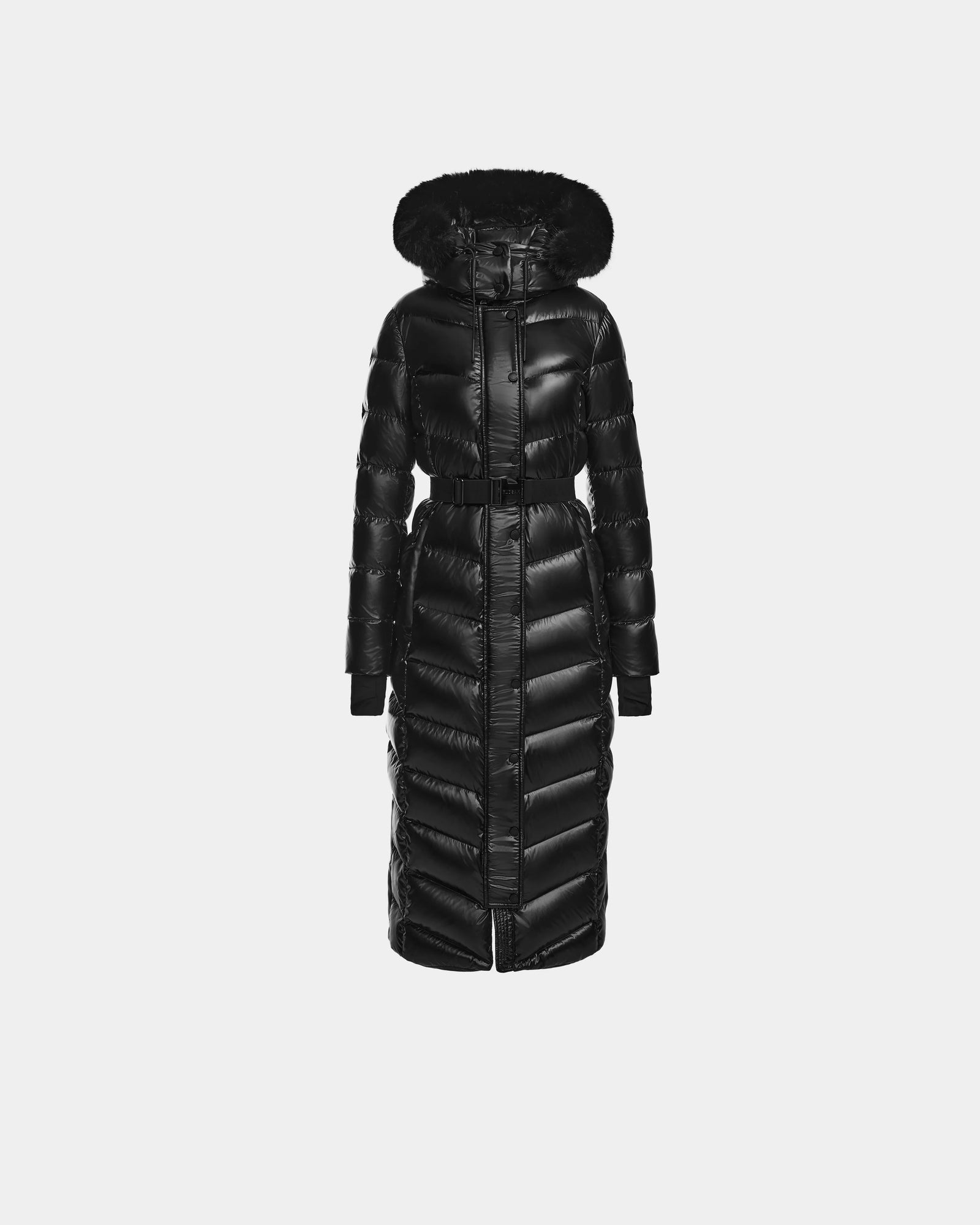 The ELSIE S - L124536 Black by Rudsak is a long black women’s maxi down puffer coat with a hood, belted waist, quilted design, glossy water-resistant finish, horizontal stitching, and black cuffs. Shown on a plain white background.