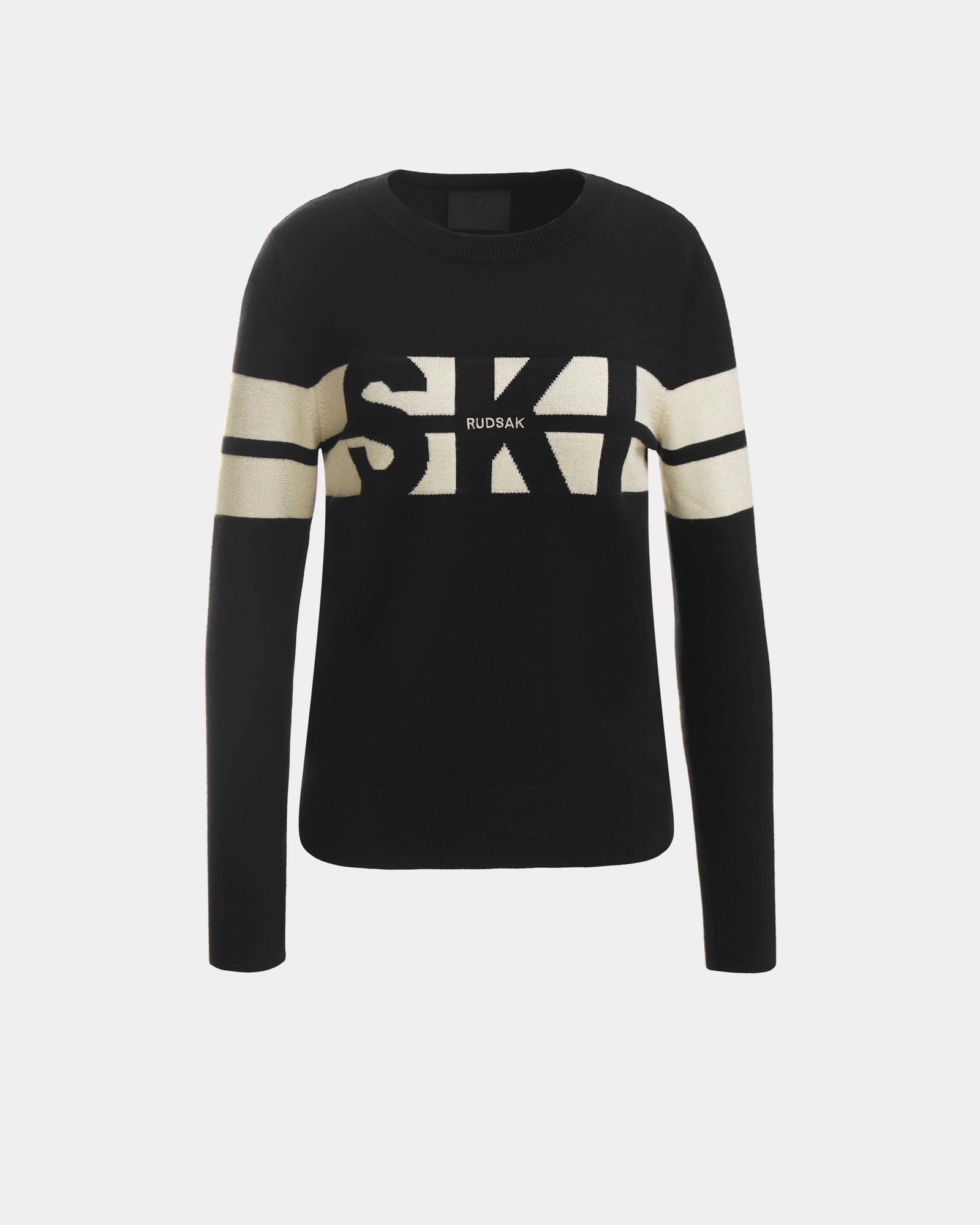 The ODESSA - 8523540 Black by Rudsak is a black long-sleeve crewneck sweater with bold beige stripes and SKA text, plus subtle Rudsak branding on the front. Perfect for winter, shown on a plain white background.