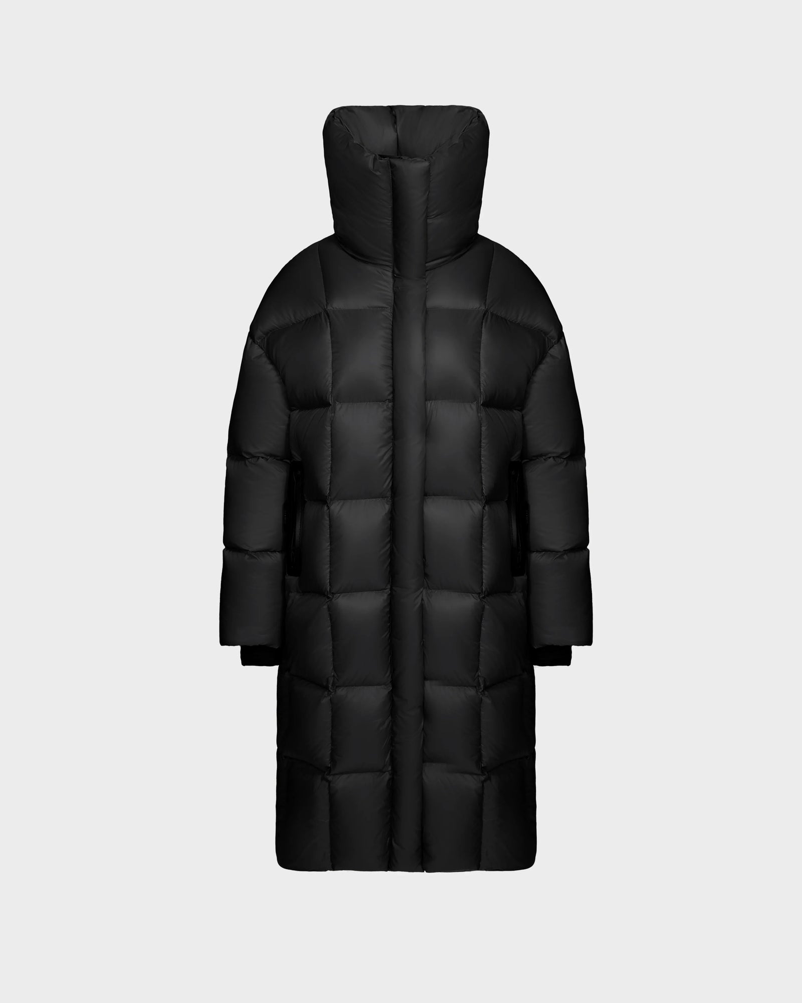 The Rudsak SASH - 8124536 Black womens long down puffer coat features RDS-certified down, a high padded collar, and a modern quilted square pattern—your perfect winter go-to. Shown on a plain light gray background.