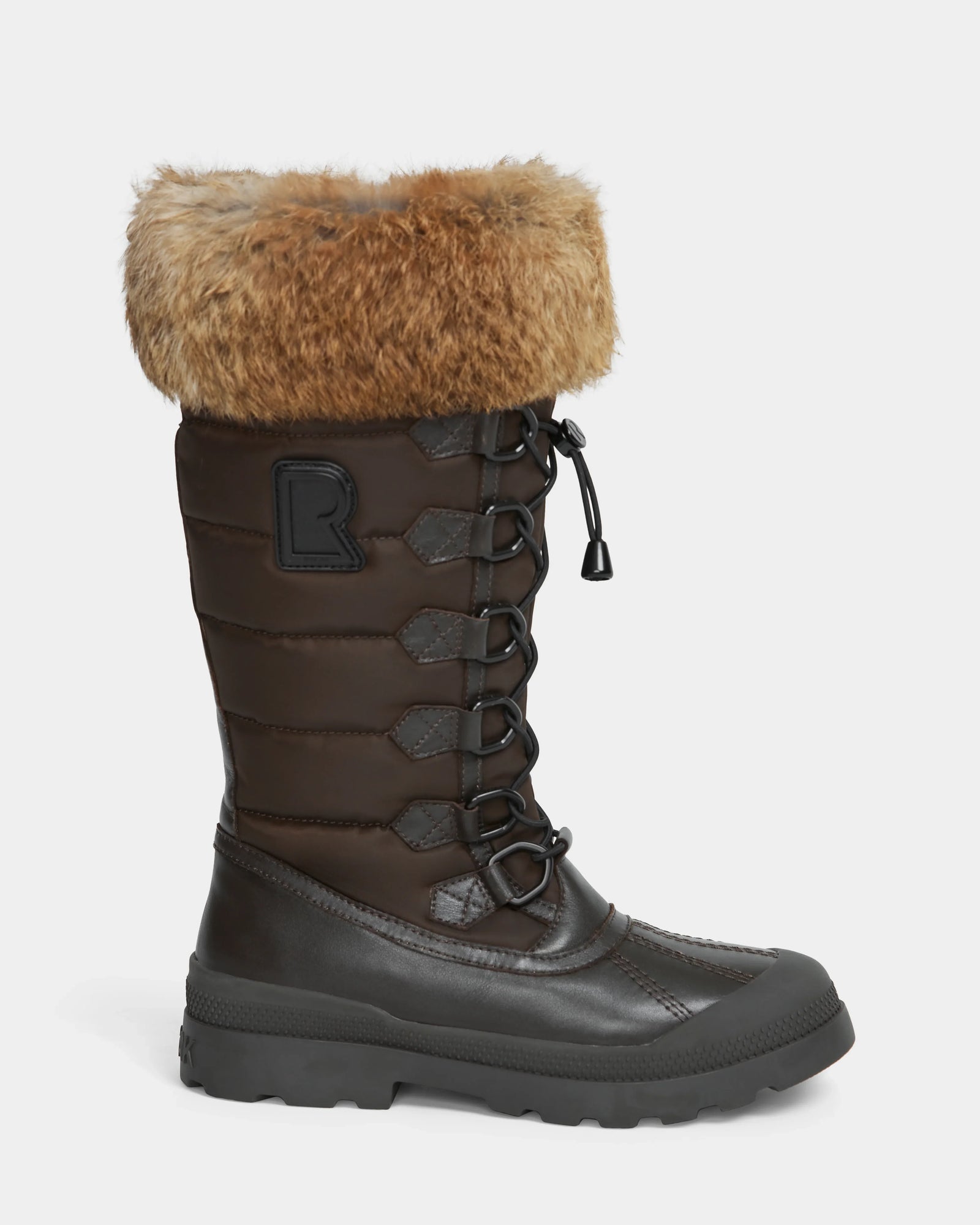 The Rudsak WINDY - L224507 Espresso is a brown womens winter boot with front laces, quilted stitching, a thick black sole, and tan faux fur trim at the top—perfect for cold-weather comfort.