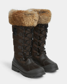 The WINDY - L224507 Espresso by Rudsak are tall, dark brown women’s winter boots featuring faux fur trim, lace-up fronts, and thick rubber soles for cold-weather comfort.