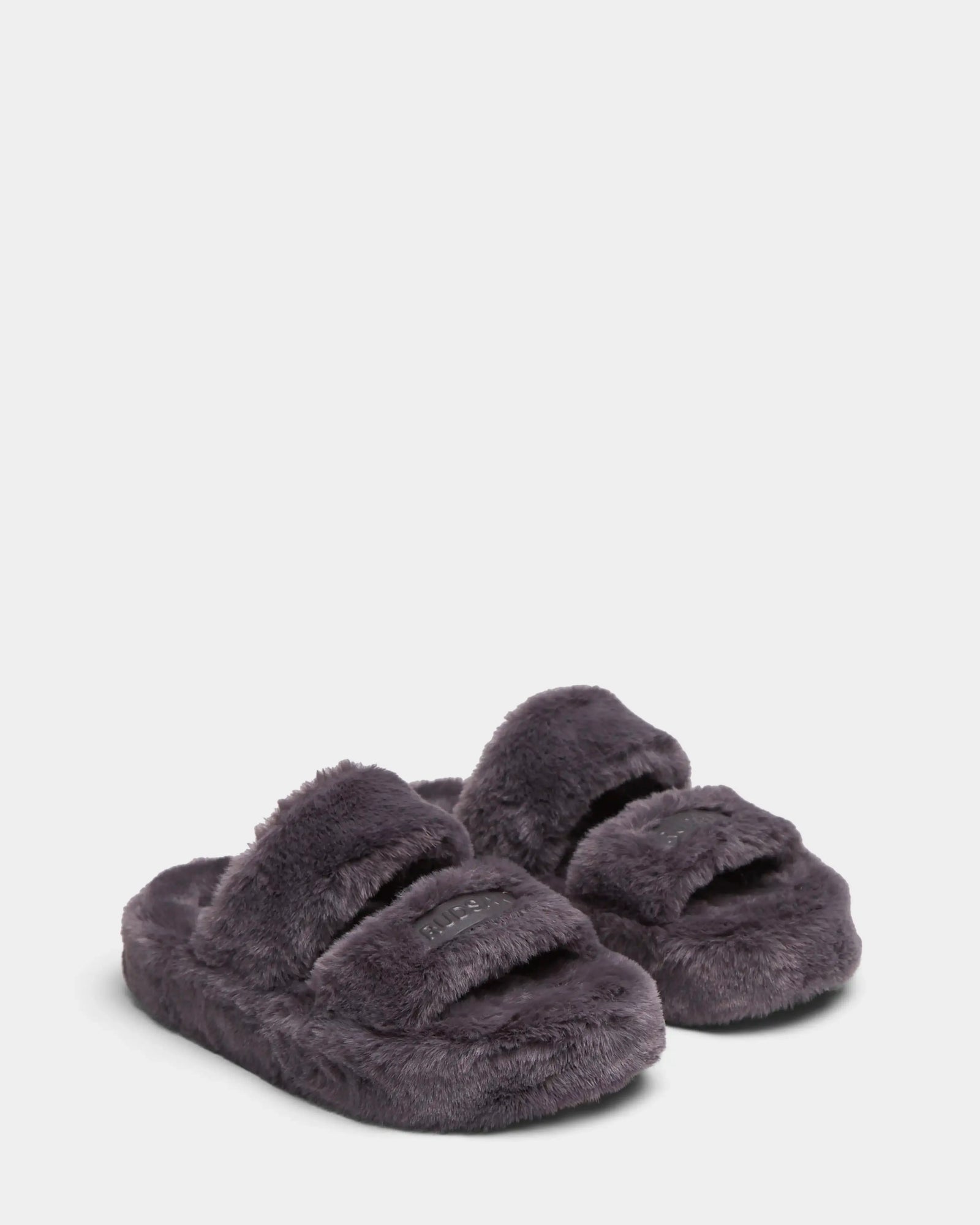 A pair of ZETA - 8224508 Grey womens faux fur slippers by Rudsak, featuring fuzzy dark gray open toes and two thick soft straps, shown on a plain light background.