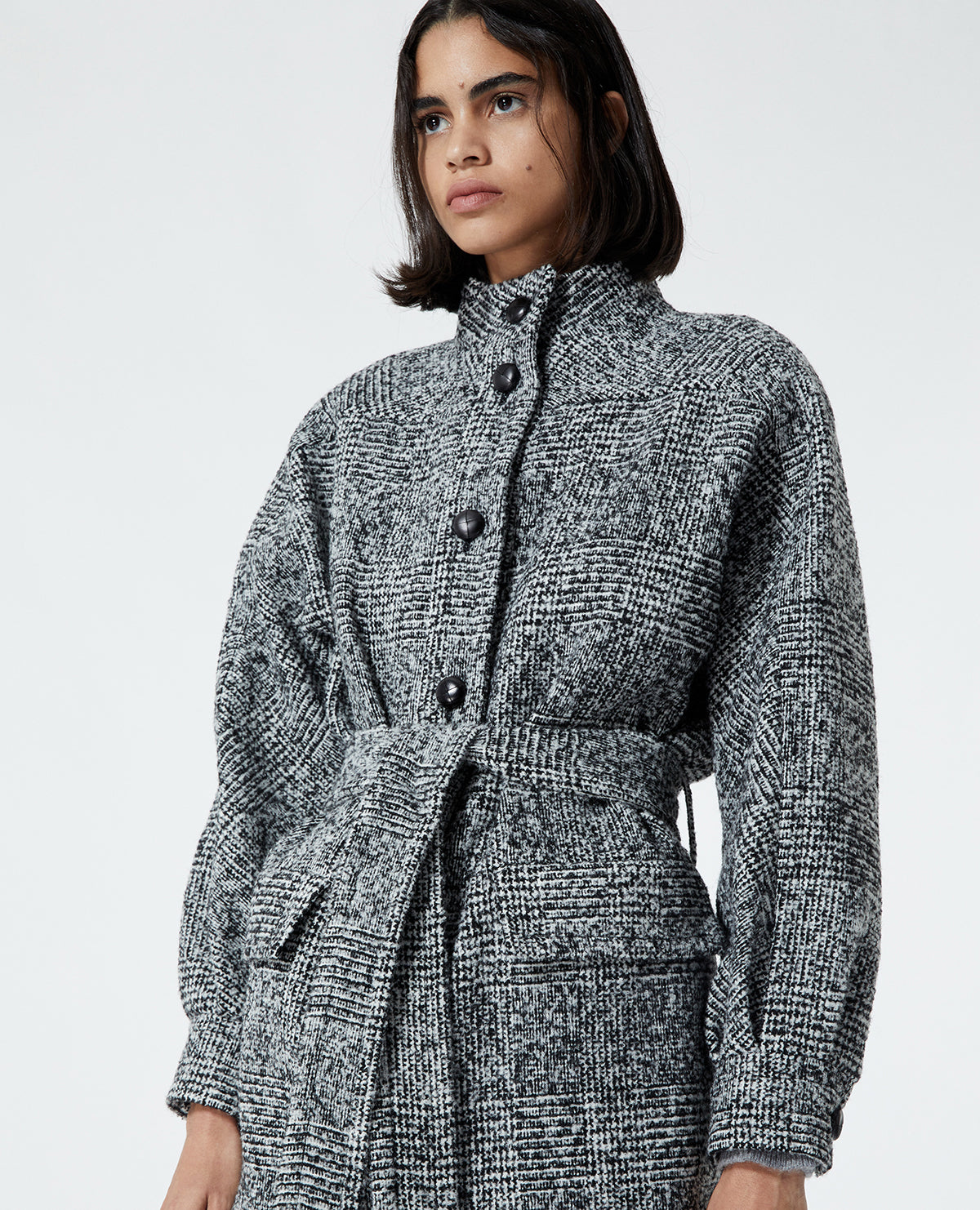 Wool Coat With High Neck | Women | Black x Ecru