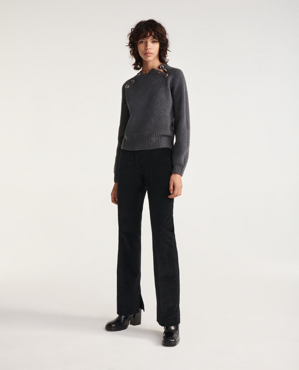 Gray Wool Sweater With Jewel Shoulder Detail | Women | Grey