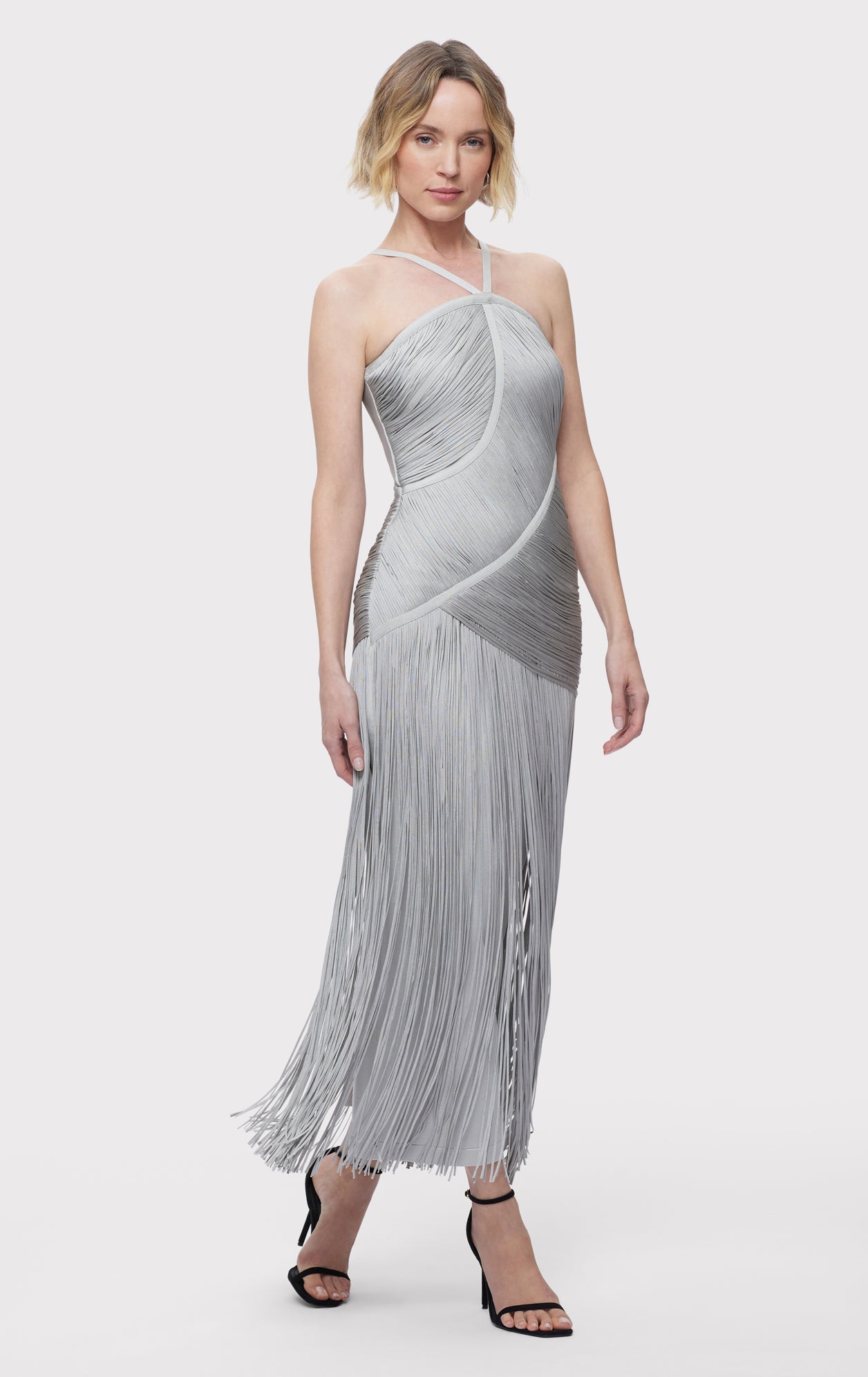 Asymmetric Draped Fringe Halter Gown | Mist