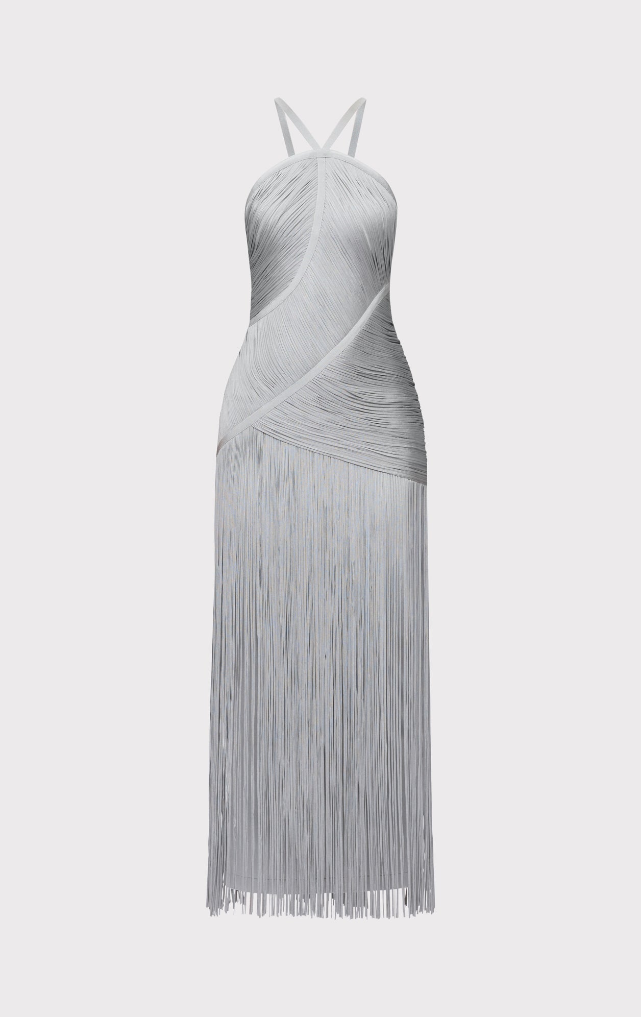 Asymmetric Draped Fringe Halter Gown | Mist