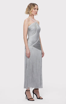 Asymmetric Draped Fringe Halter Gown | Mist