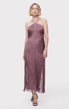 Asymmetric Draped Fringe Halter Gown | Mauve