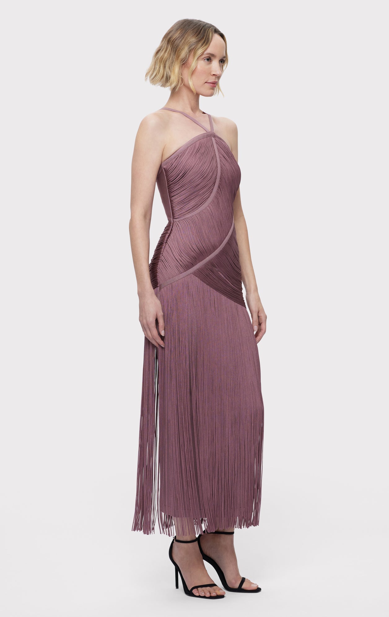 Asymmetric Draped Fringe Halter Gown | Mauve