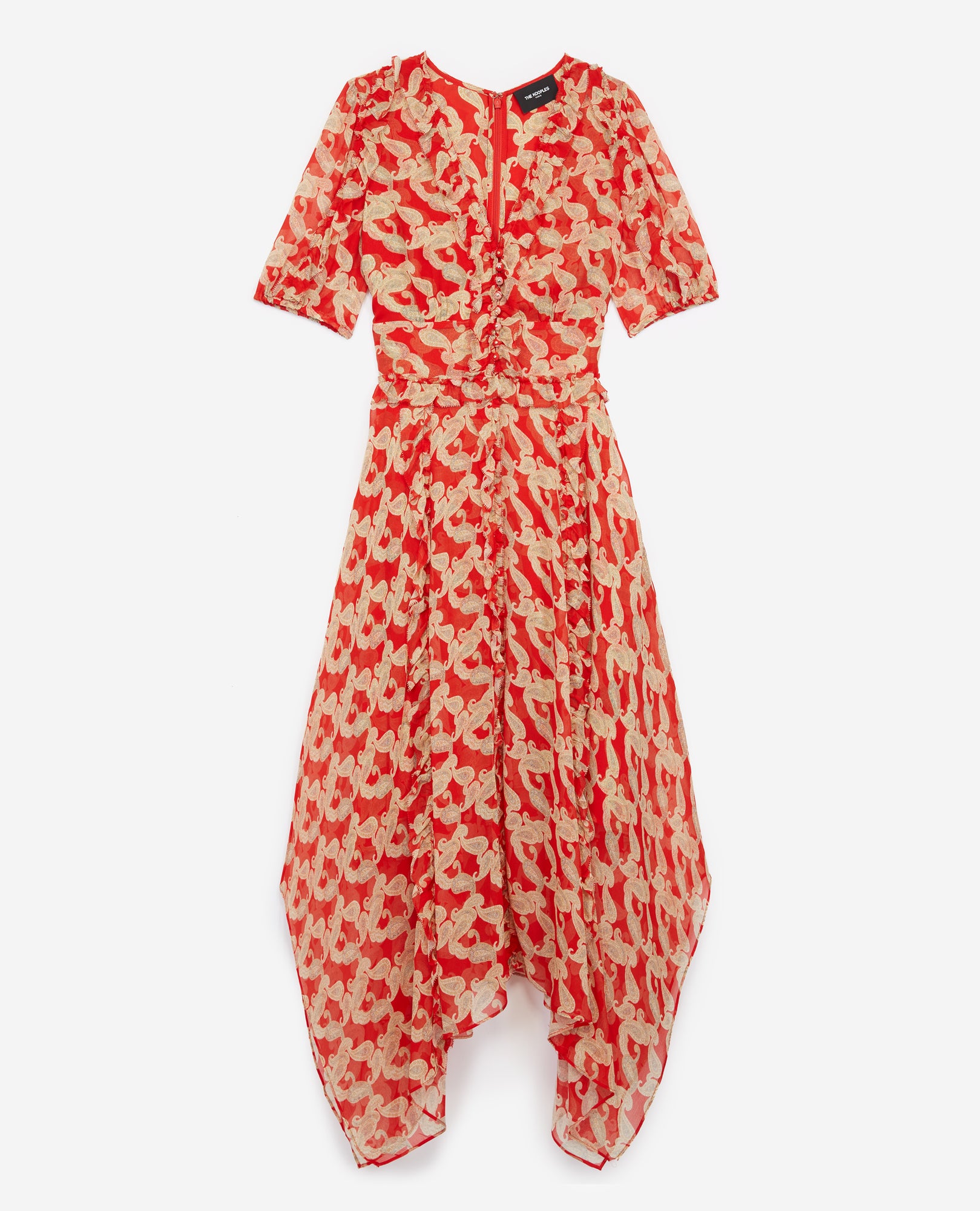 Long Printed Dress With Frills | Women | Red x Ecru