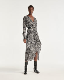 Long Draped Leopard Print Dress | Women | Black x Ecru