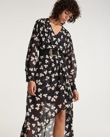 Asymmetric Long Flowing Dress Floral | Women | Black x Ecru