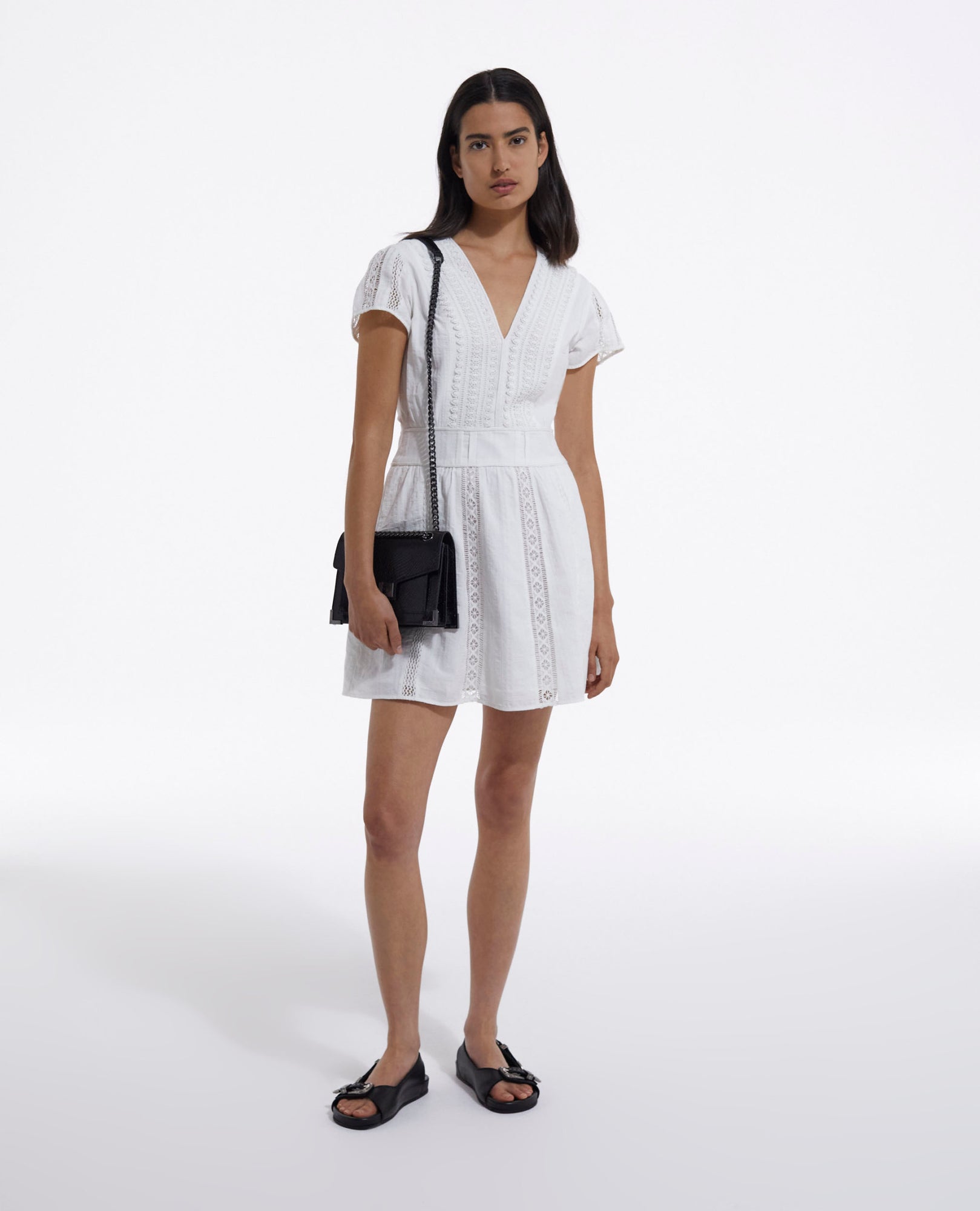 Short Ecru Embroidered Dress W/ Ribbon Detail | Women | Off White