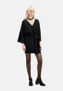 Short Belted Kimono Dress In Silk Viscose | Women | Black