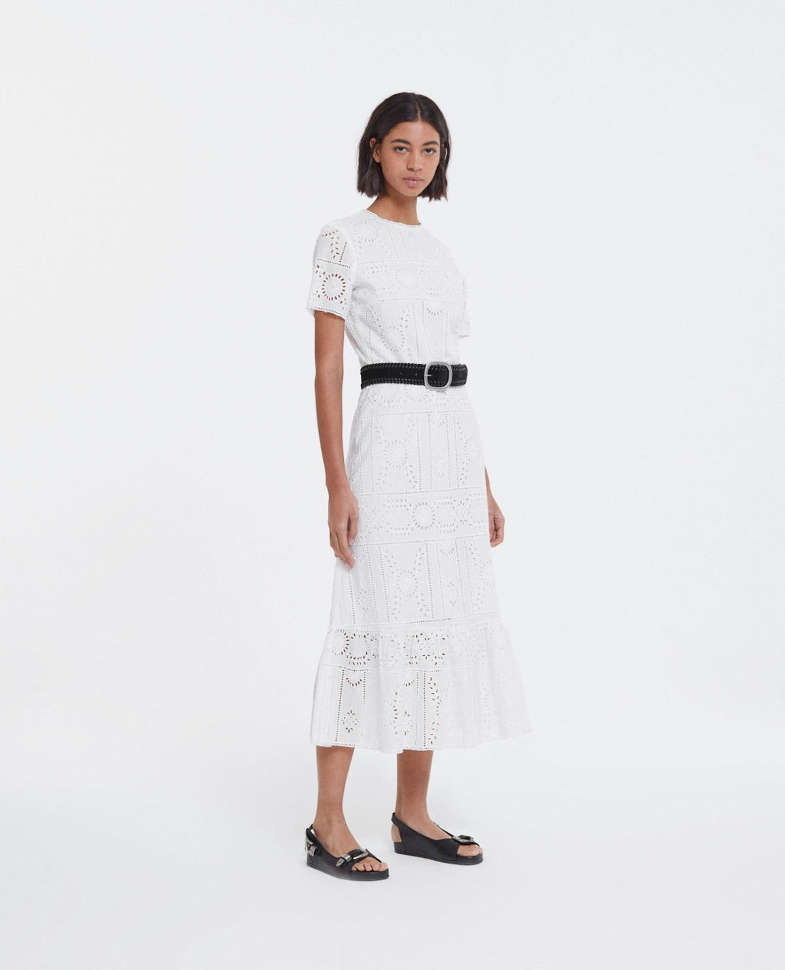 Long Embroidered Dress With Crew Neck | Women | White