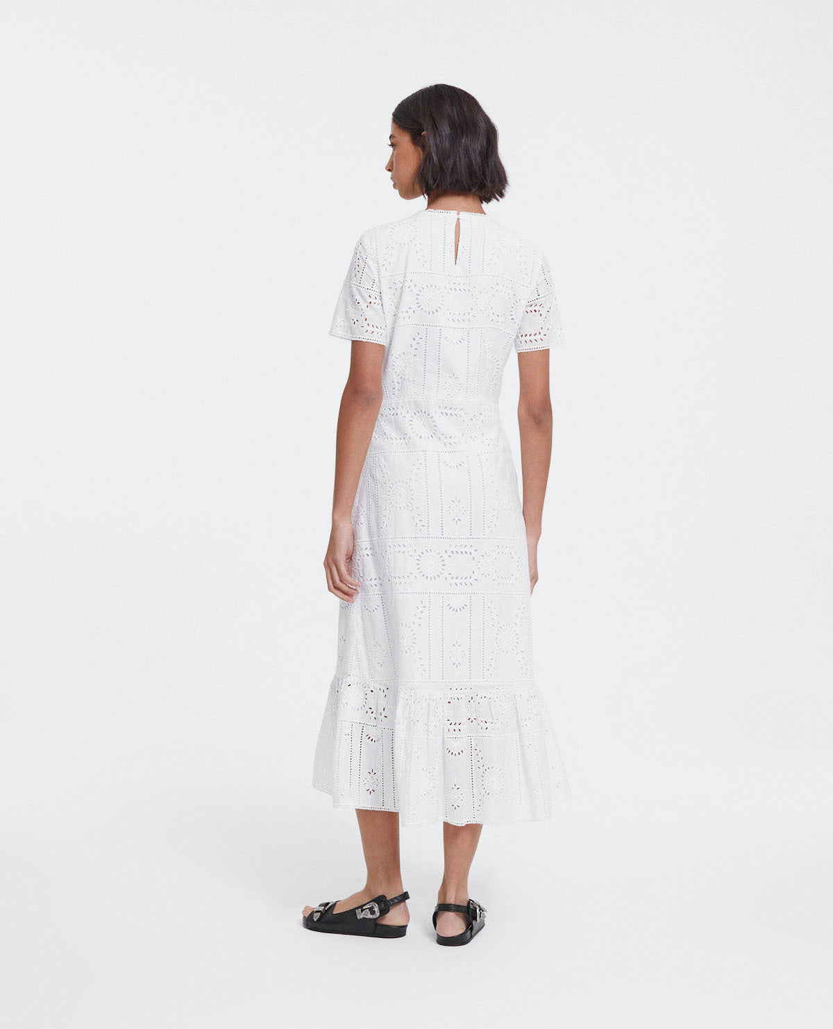 Long Embroidered Dress With Crew Neck | Women | White