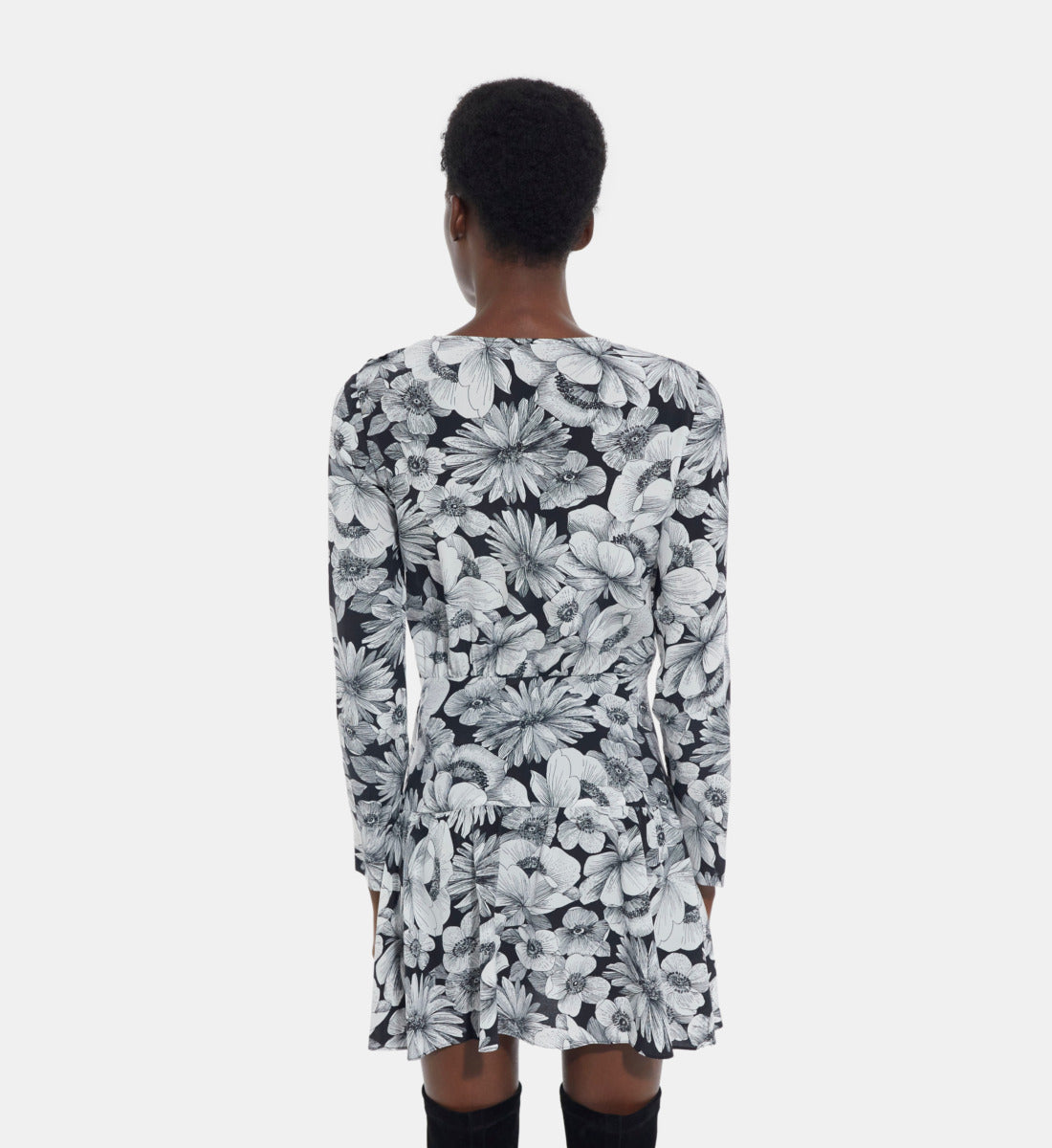 Short Floral Silk Dress | Women | Black x White