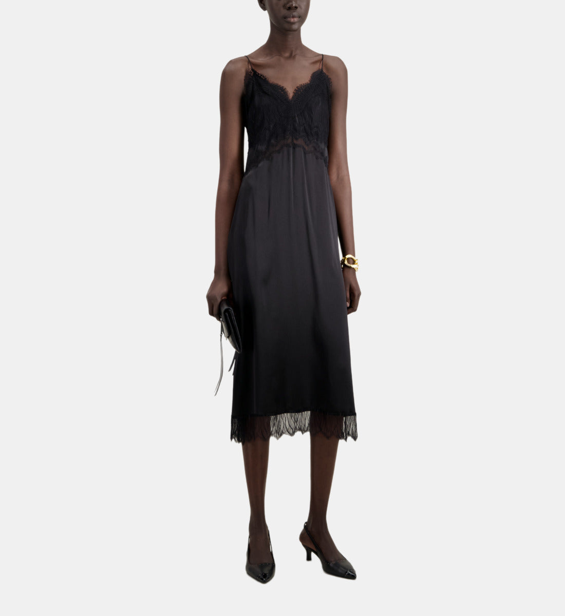 Long Silk Slip Dress With Lace Details | Women | Black