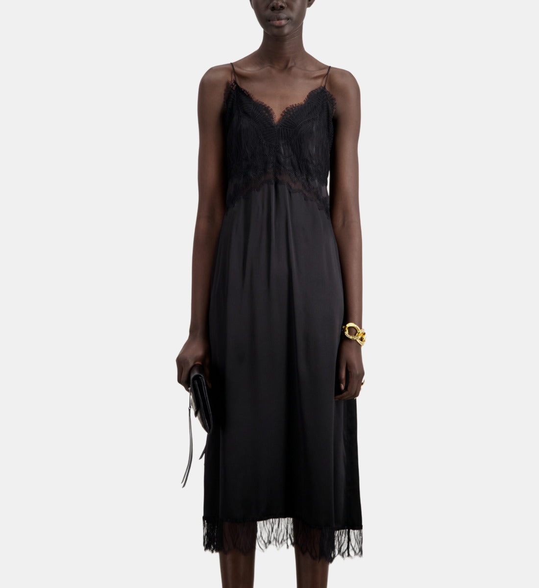 Long Silk Slip Dress With Lace Details | Women | Black