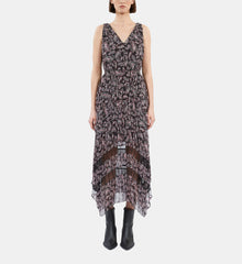 Paisley Print Pleated Long Dress With Mesh Inserts | Women | Black x Pink