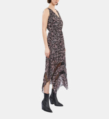 Paisley Print Pleated Long Dress With Mesh Inserts | Women | Black x Pink