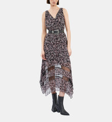 Paisley Print Pleated Long Dress With Mesh Inserts | Women | Black x Pink