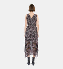 Paisley Print Pleated Long Dress With Mesh Inserts | Women | Black x Pink