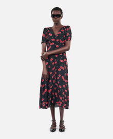 Cherry Printed Long Dress With Buttoning | Women | Black x Red