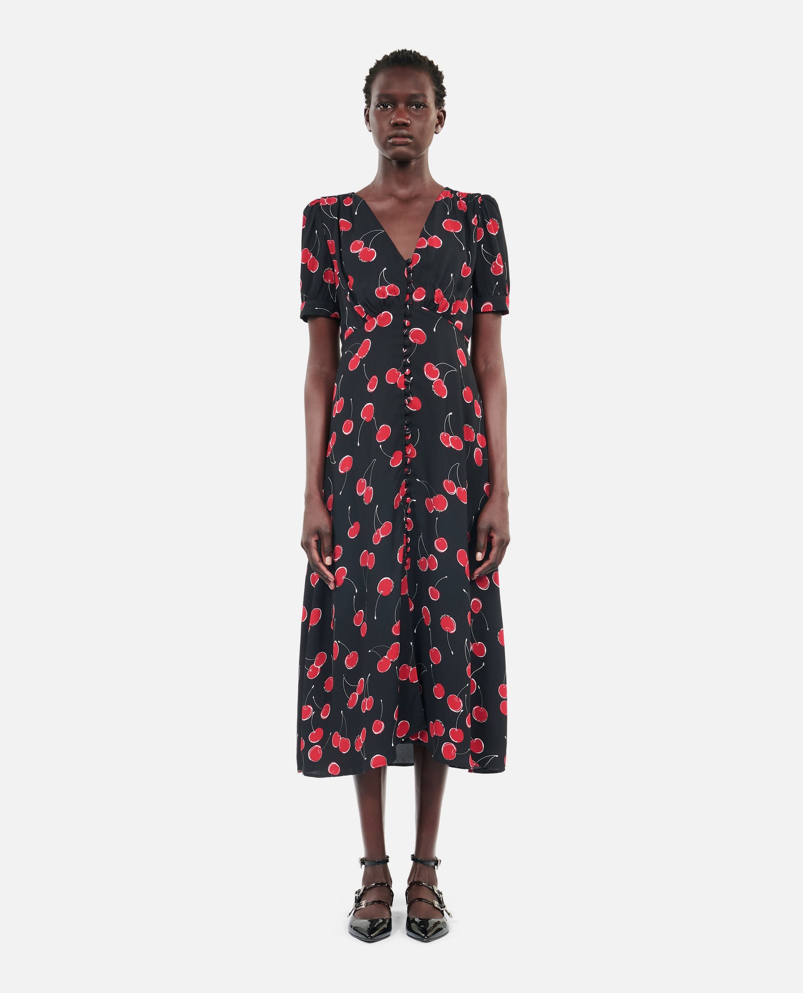 Cherry Printed Long Dress With Buttoning | Women | Black x Red