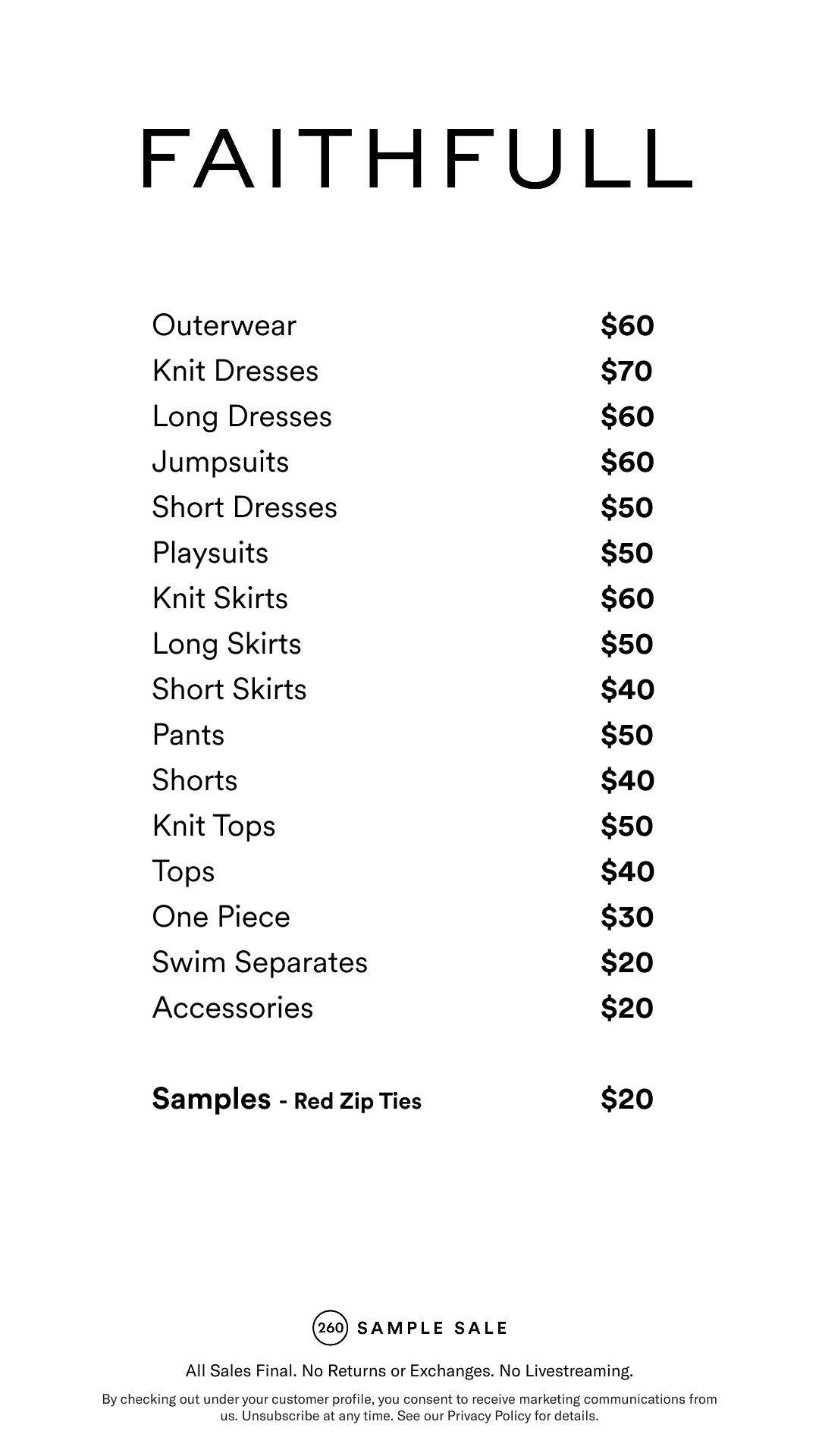 Price table
