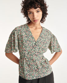 Flowing Frilly Top With Floral Print | Women | Green