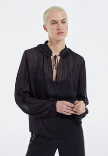 Loose-Fitting Knotted Collar Striped Top | Women | Black