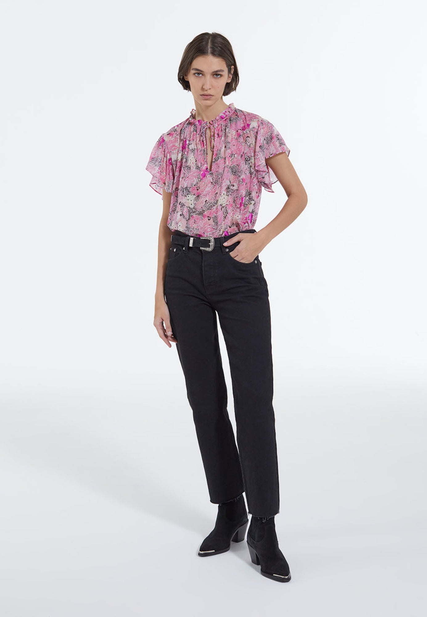 Flowing Frilly Top With Floral Print | Women | Pink