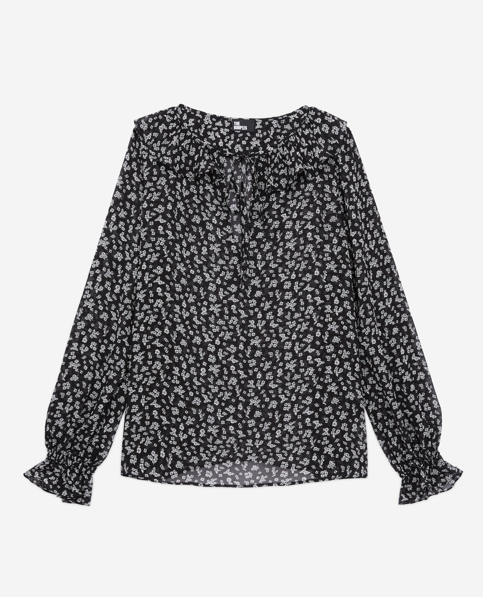 Printed Top With Ruffles | Women | Black x Ecru