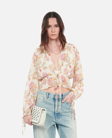 Floral Printed Silk Top With Ruffles | Women | Beige x Red