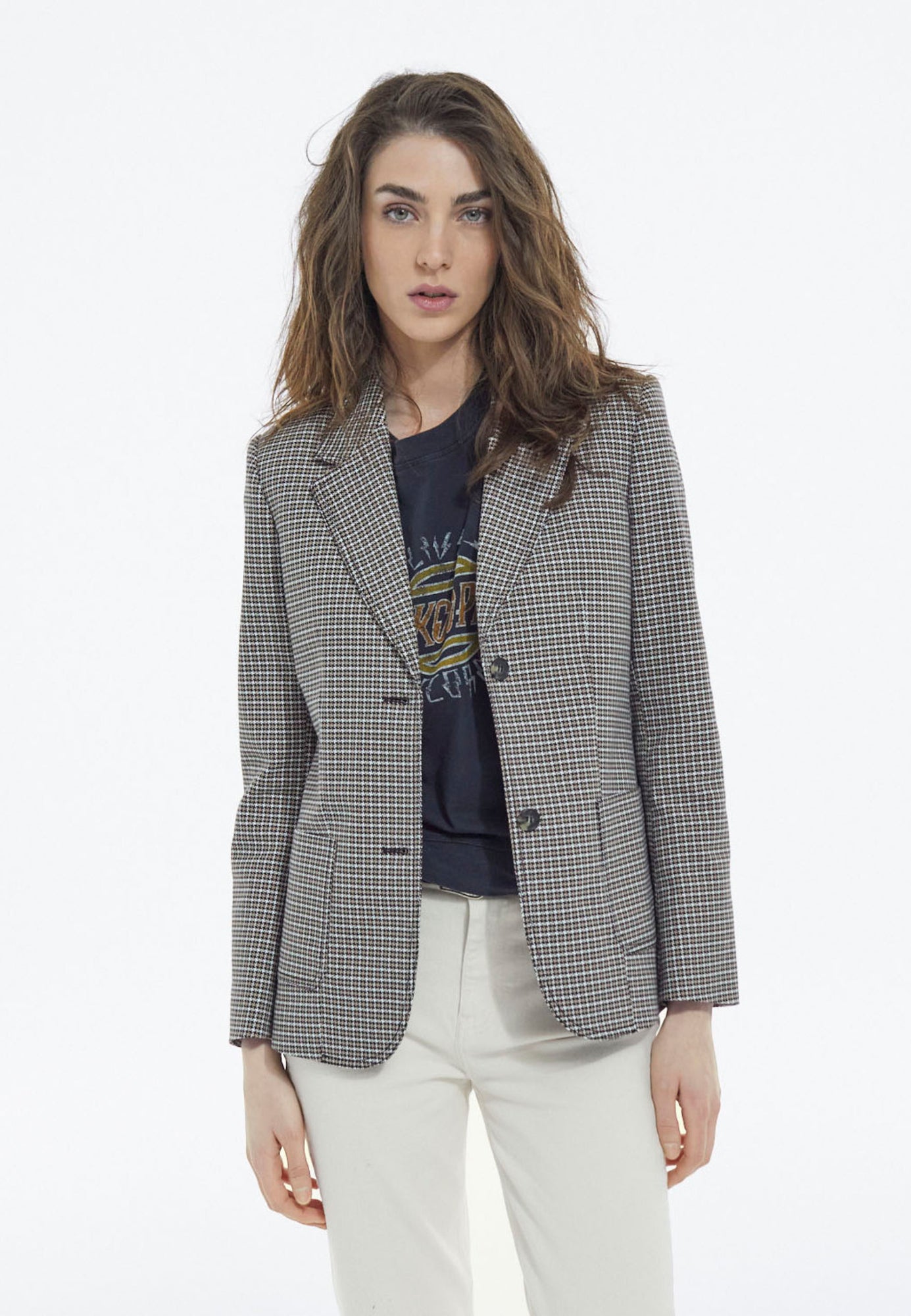 Formal Jacket With Houndstooth Motif | Women | Beige x Brown