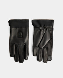 The EDDIE - 6425037 Black men's leather gloves by Rudsak feature a raised R logo on the back of one glove and are shown flat on a light background.