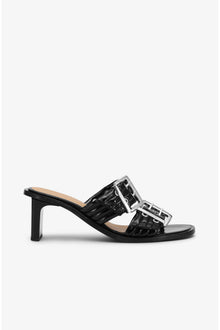 Feminine Buckle Heeled Mule Sandals | Black