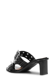 Feminine Buckle Heeled Mule Sandals | Black