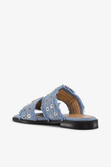Feminine Buckle Two Strap Sandals in Blue | Faded Denim