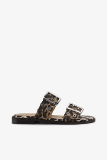 Feminine Buckle Two Strap Sandals in Denim | Leopard