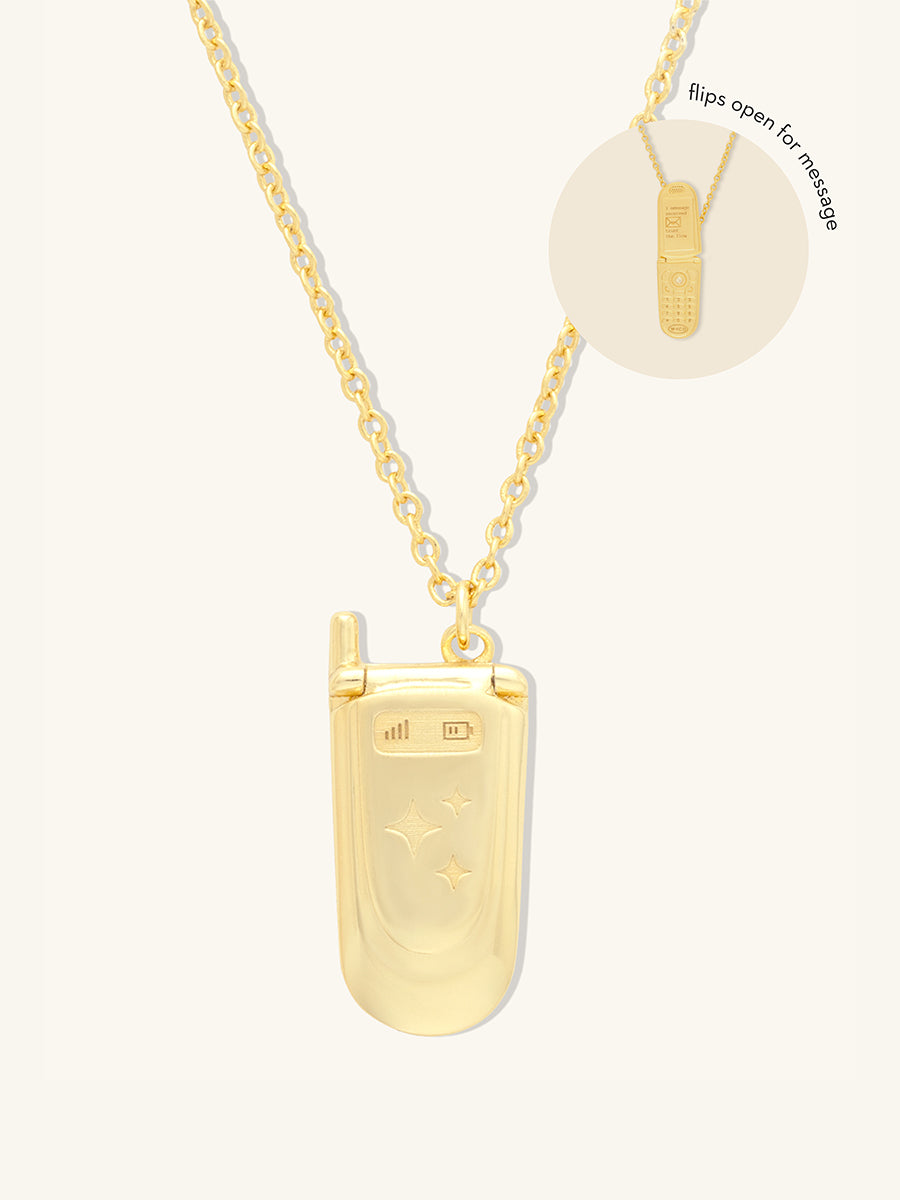 Flip Phone Locket Necklace | 5A Grade Cubic Zirconia | 14K Gold Plated Brass