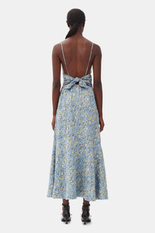 Floral Crinkled Satin Long Dress | Dusty Blue