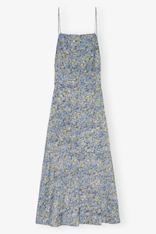 Floral Crinkled Satin Long Dress | Dusty Blue