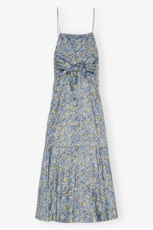 Floral Crinkled Satin Long Dress | Dusty Blue