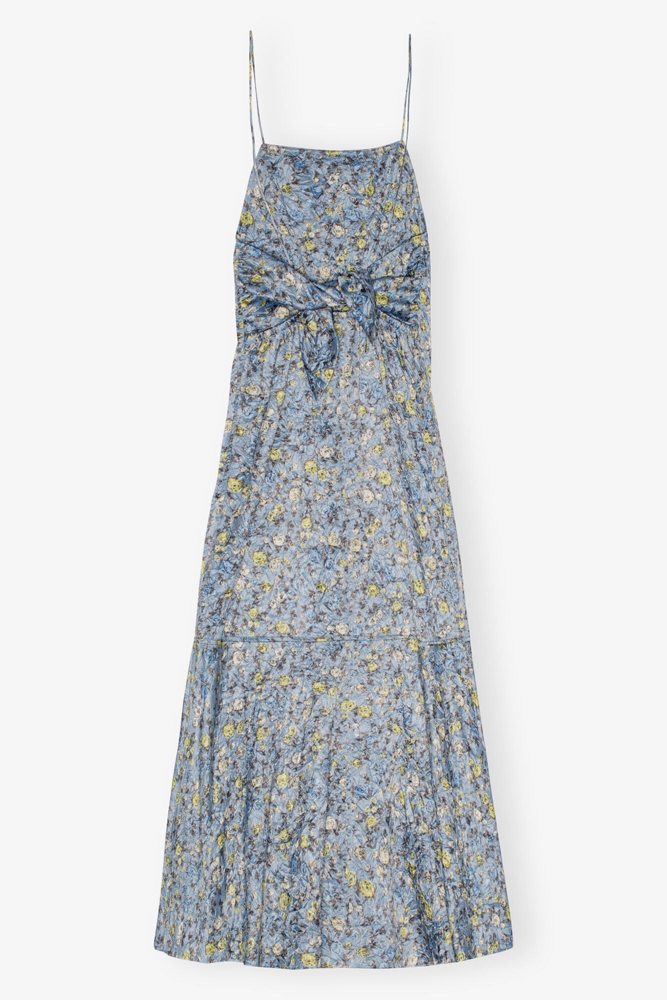 Floral Crinkled Satin Long Dress | Dusty Blue