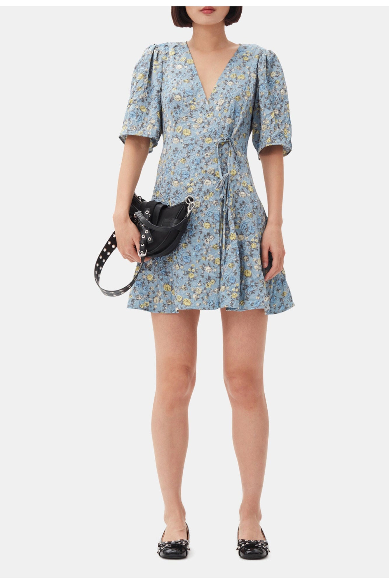 Floral Printed Crinkled Satin Mini Wrap Dress | Dusty Blue