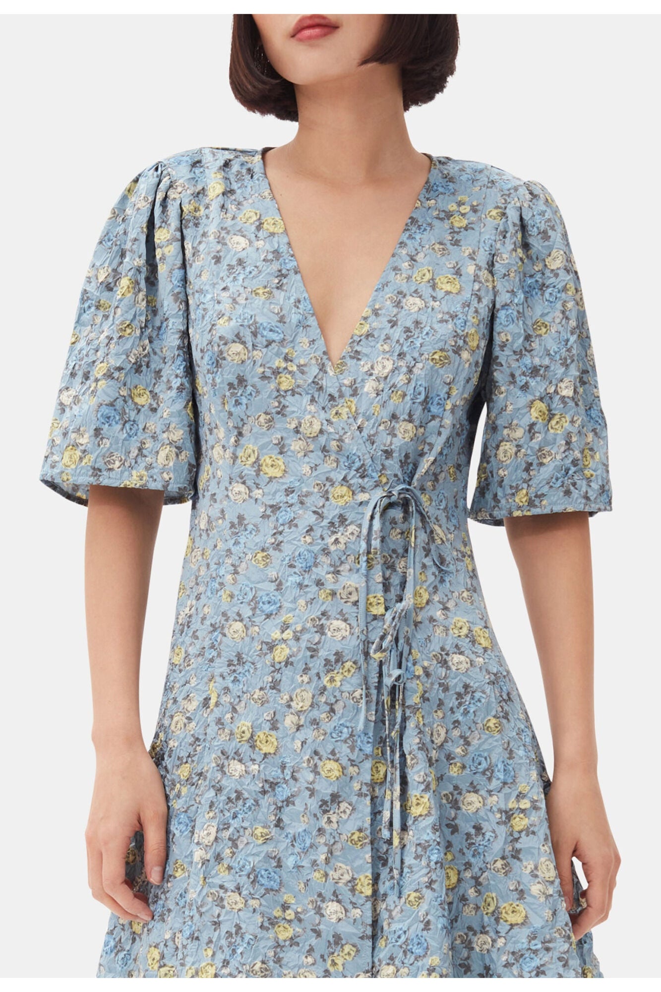 Floral Printed Crinkled Satin Mini Wrap Dress | Dusty Blue