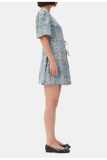 Floral Printed Crinkled Satin Mini Wrap Dress | Dusty Blue
